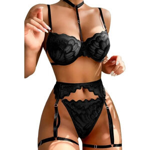 Womens Sexy Lingerie Set Push Up Lace Garter Belt Bra  and Panty Set with Choker